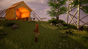 Person standing in a grassy area with a tent and power line in the background