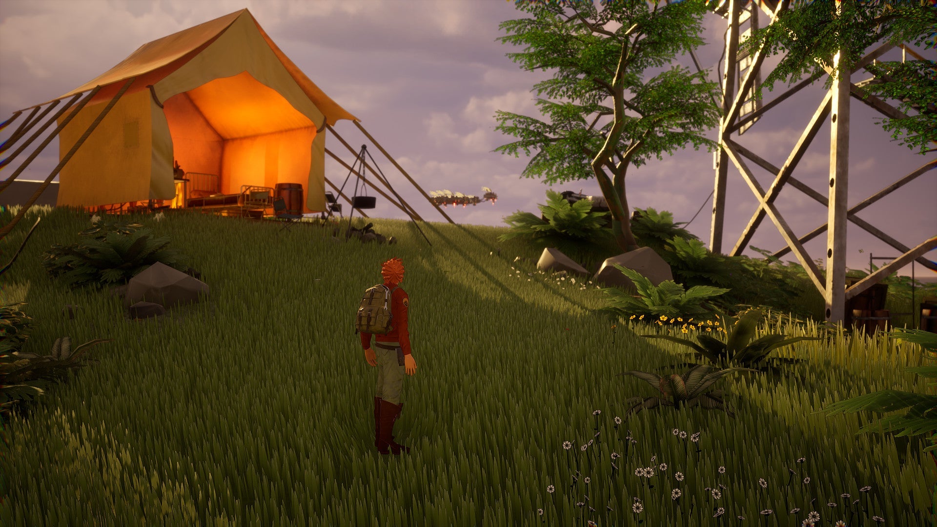 Person standing in a grassy area with a tent and power line in the background