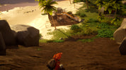 Character in a desert-like environment with a vehicle and palm trees in the background
