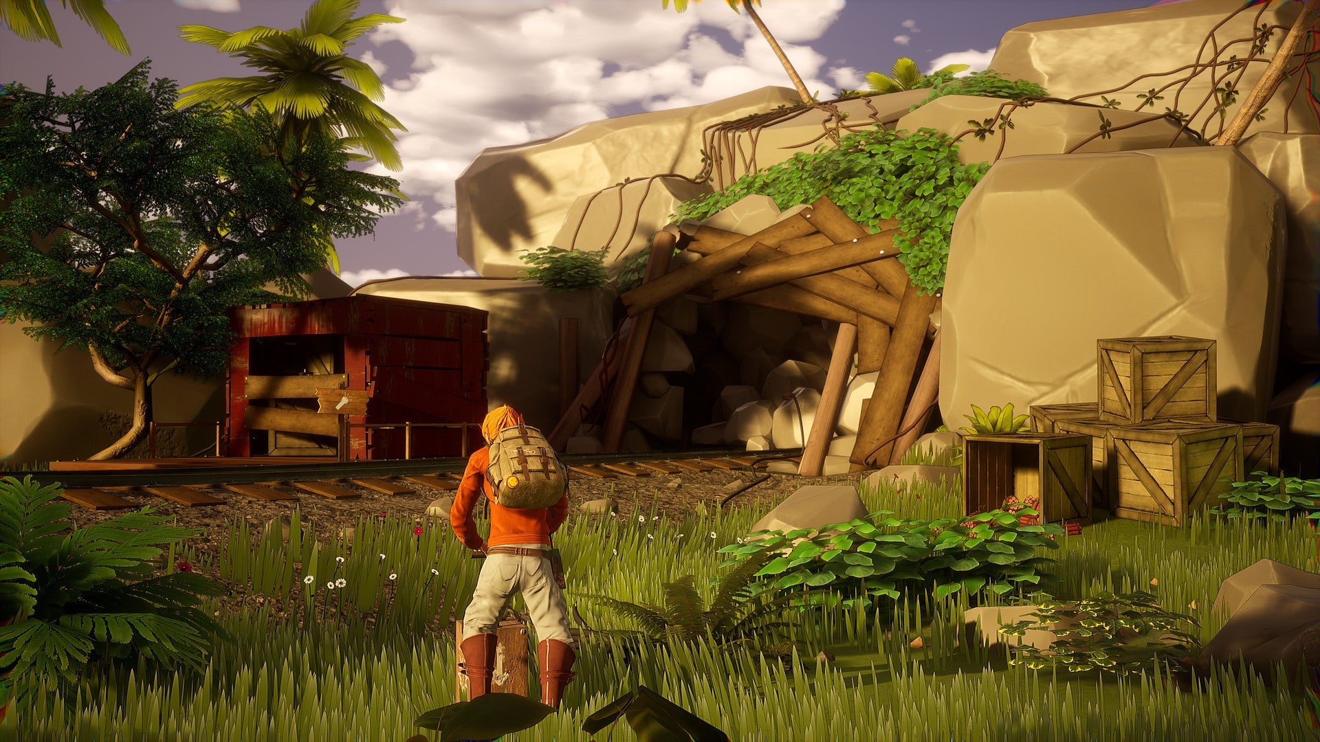 Character in orange jacket standing in a lush, tropical setting with a wooden hut and crates.