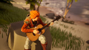 Animated character with orange hair playing guitar on a beach