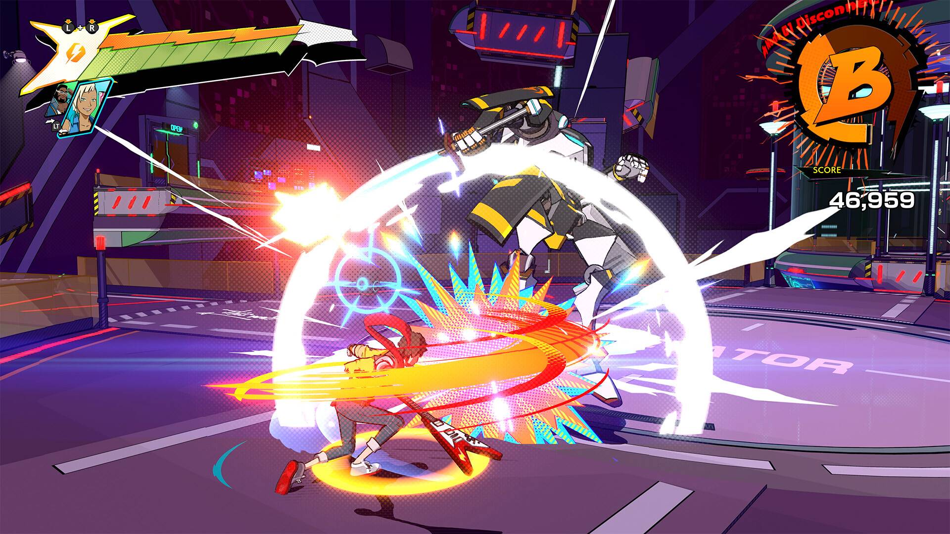 Action-packed scene from a video game with characters in a futuristic city setting.