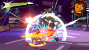 Action-packed scene from a video game with characters in a futuristic city setting.