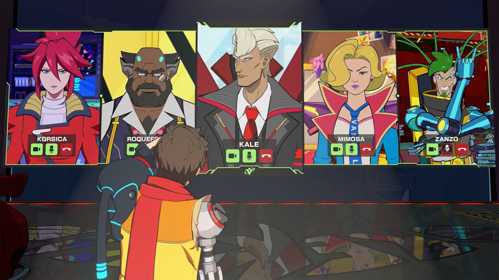 Character selection screen from a video game with five characters displayed on a screen.
