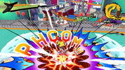 Action-packed scene from a video game with colorful graphics and character in the center.