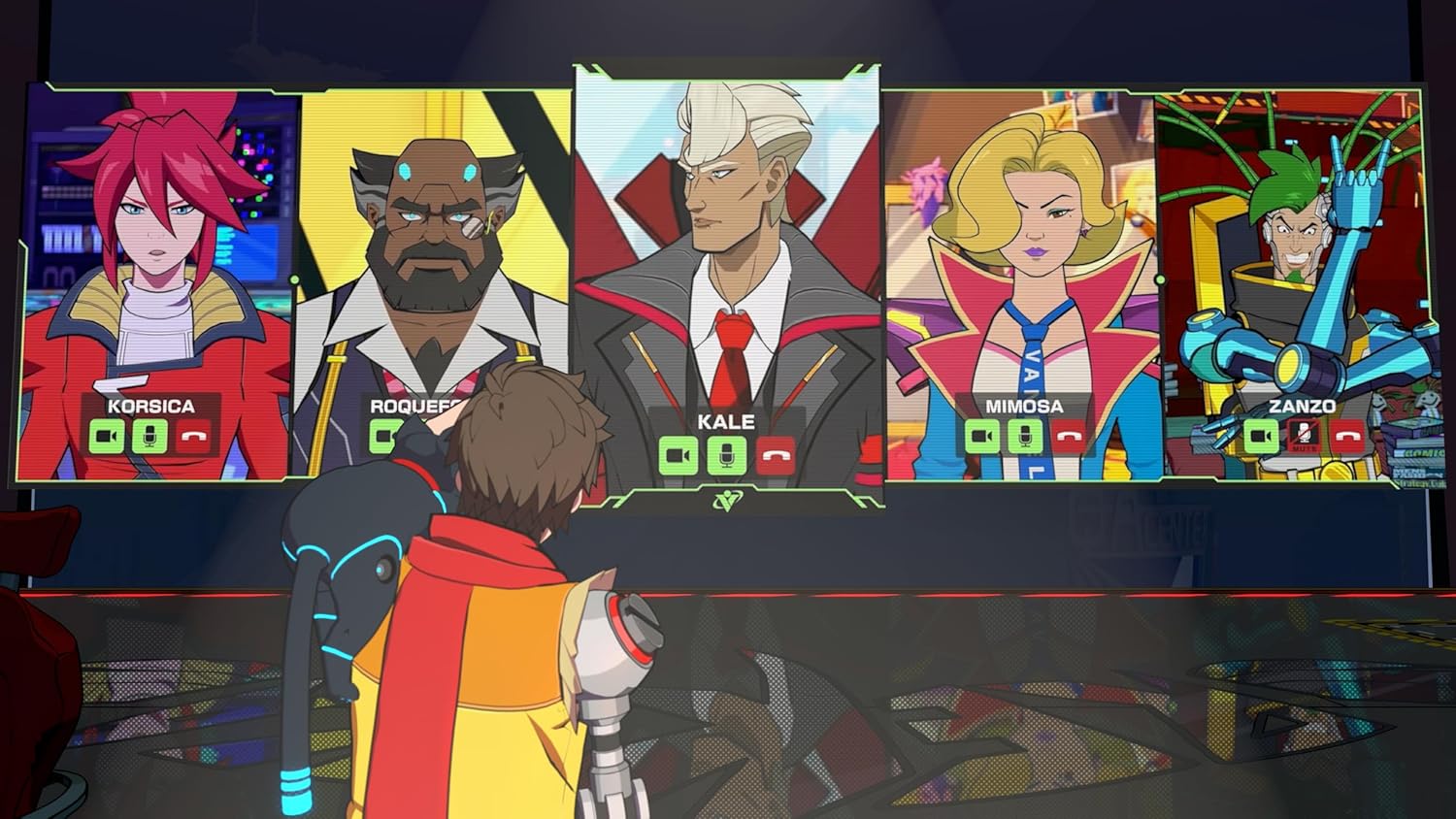 Character selection screen from a video game with five characters displayed on a screen.