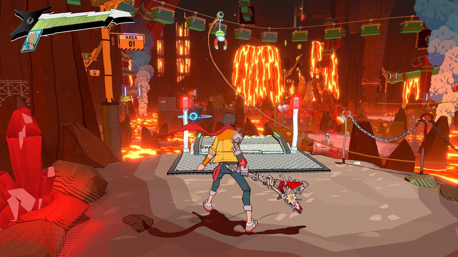 Game character in a fiery arena with lava and flames