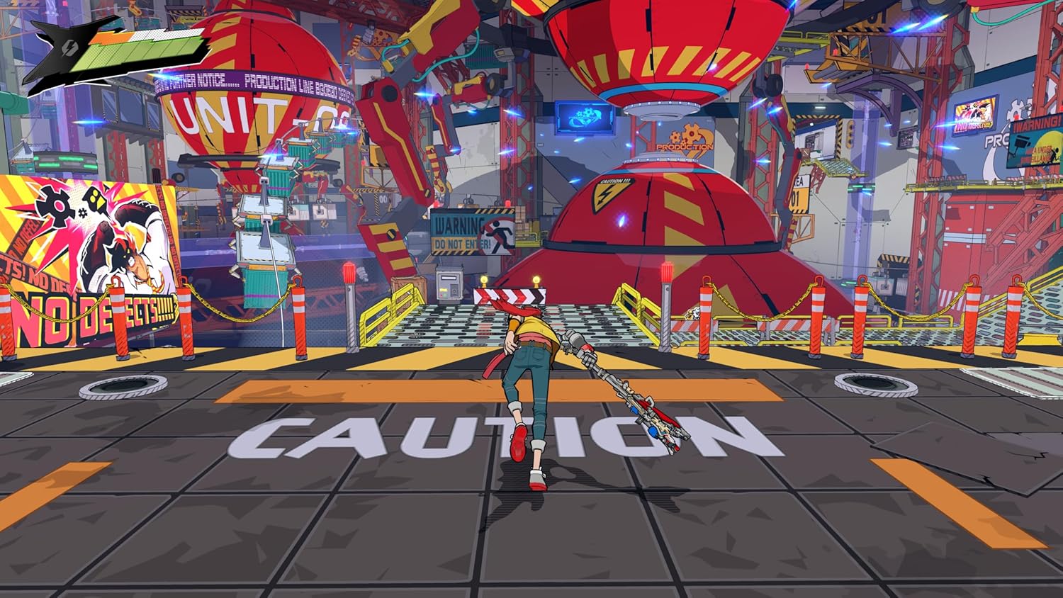 Video game character standing in a futuristic, neon-lit cityscape with 'CAUTION' sign.