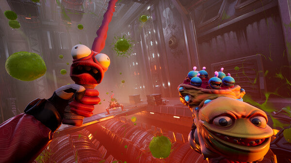 Animated scene with a character holding a weapon and a creature with multiple heads in a futuristic setting.