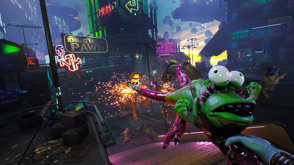 Animated character in a futuristic cityscape with neon signs and a glowing green creature.