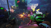 Animated character in a futuristic cityscape with neon signs and a glowing green creature.