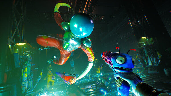 Colorful alien figure in a futuristic setting with a glowing weapon.