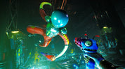 Colorful alien figure in a futuristic setting with a glowing weapon.