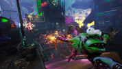 Video game scene with a green creature in a futuristic cityscape