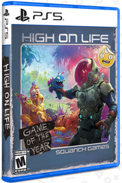 PlayStation 5 game case for 'High On Life' featuring an illustrated cover with characters from the game.