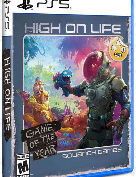 PlayStation 5 game case for 'High On Life' featuring an illustrated cover with characters from the game.