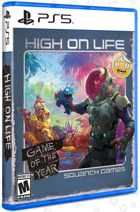 PlayStation 5 game case for 'High On Life' featuring an illustrated cover with characters from the game.