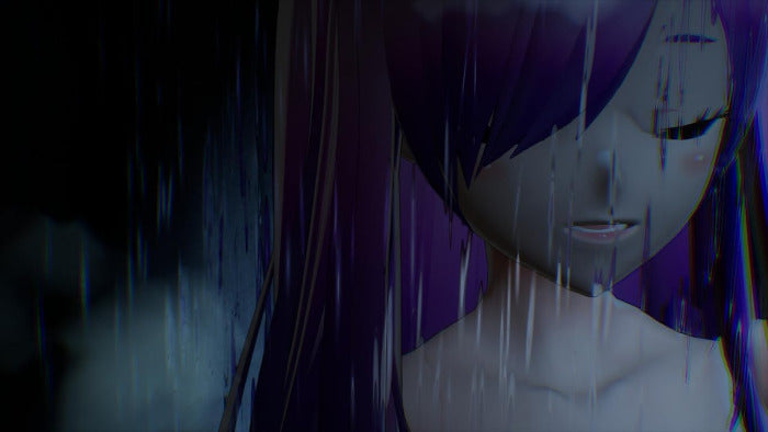 A moody close-up of an anime-style character with long purple hair, shown in rain with a dark, atmospheric background and heavy digital glitch effects.