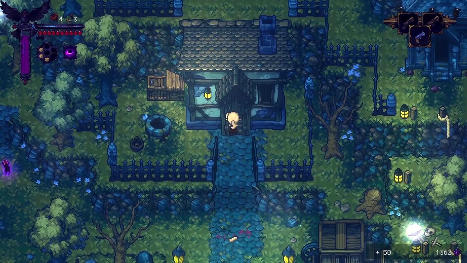 Top-down view of a pixel art game scene with a house and characters in a forest.