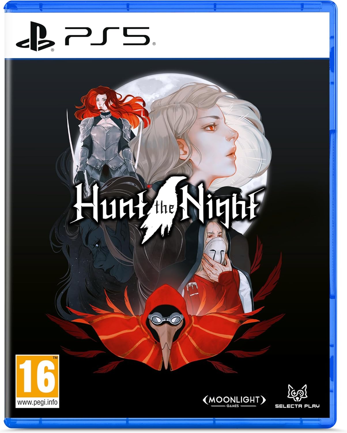 Game case for 'Hunt the Night' on PS5 with character illustrations and Moonlight Selects Play logo.