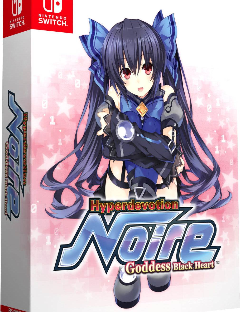 Nintendo Switch game box for 'Hyperdevotion Noire: Goddess Black Heart' with an anime-style character on a pink and white background.