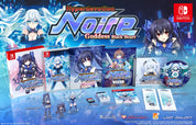 Collection of 'Hyperdevotion Noire Goddess Black Heart' game items including figurines and packaging on a blue gradient background.