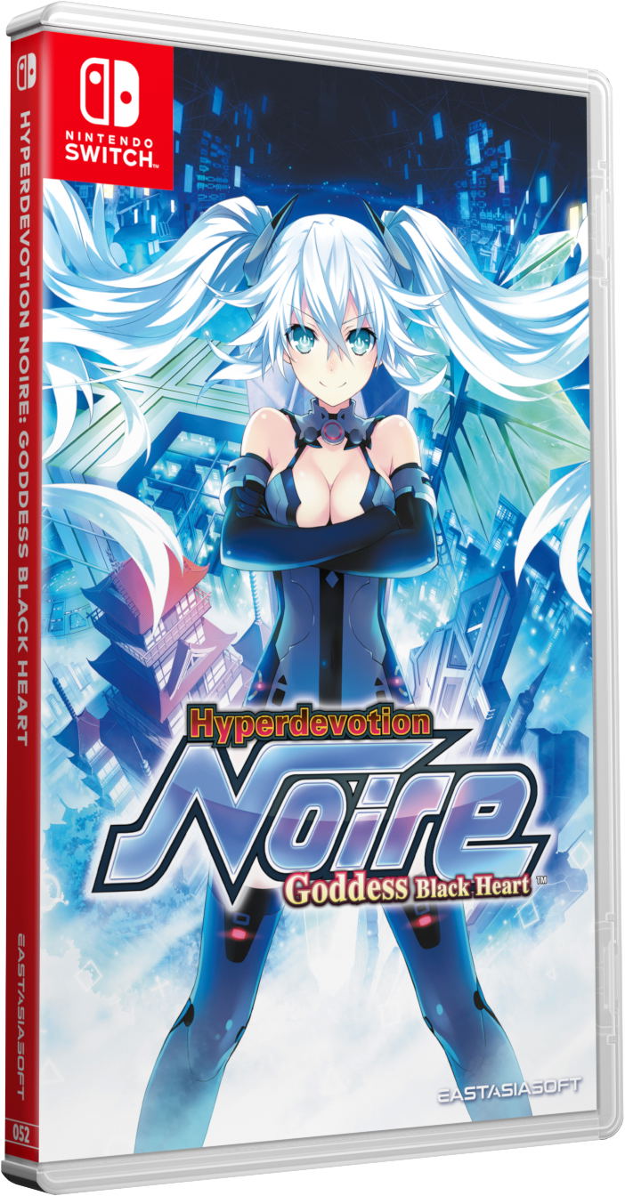Video game case for 'Hyperdevotion Noire: Goddess Black Heart' on Nintendo Switch with character artwork.