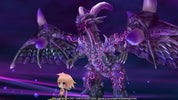 Large fantasy creature with glowing purple accents and a small character in front on a dark background