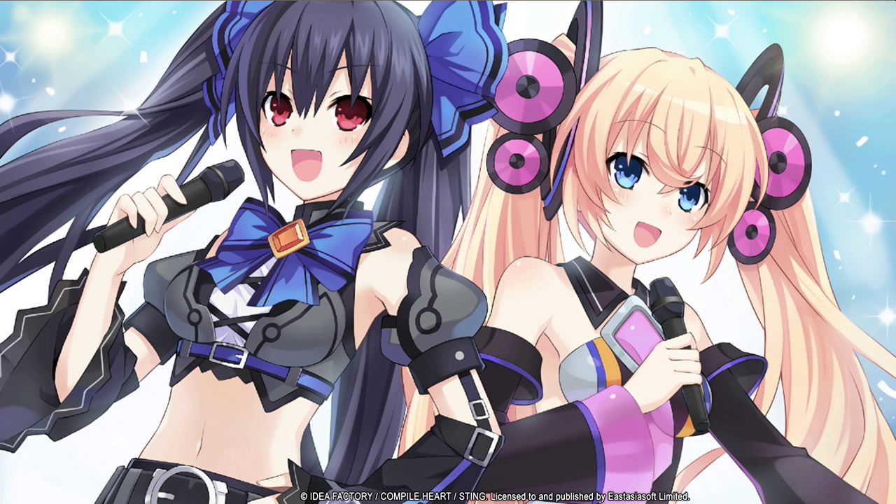 Two animated characters with microphone stands, one with purple hair and the other with blonde hair, against a light blue background.