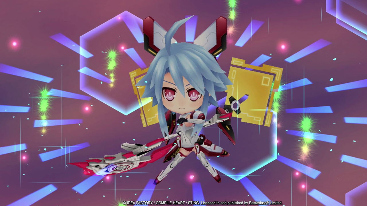 Animated character with blue hair and red eyes in a dynamic pose against a colorful background