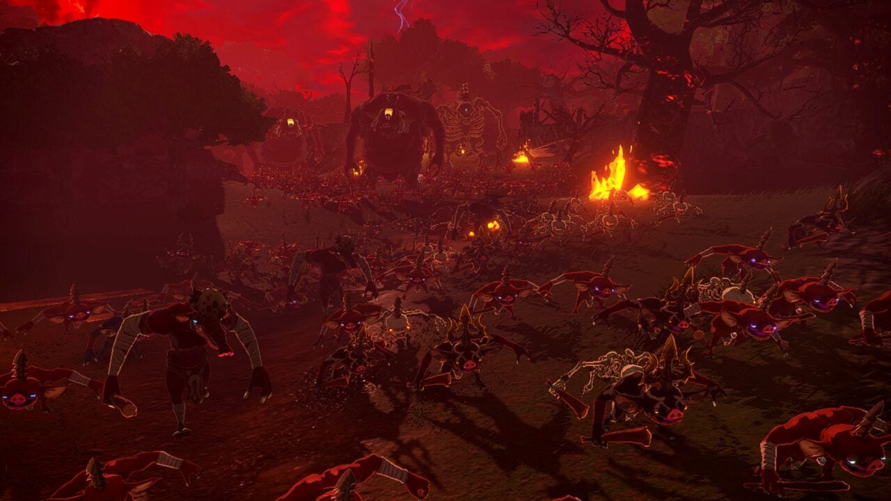 Dark and eerie landscape with glowing fires and creatures in a red-tinted setting