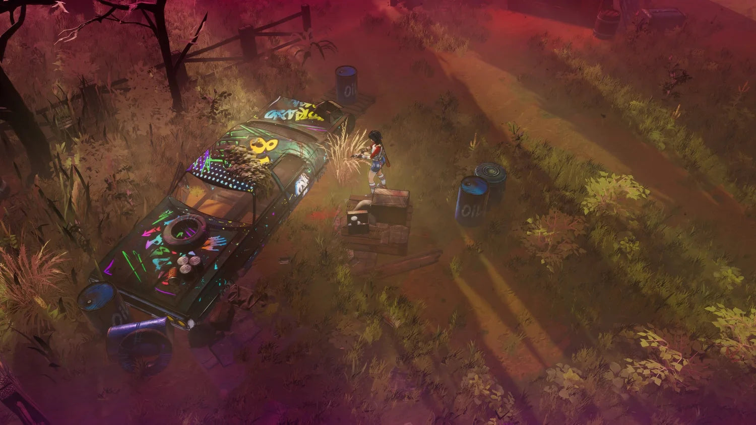 A colorful pinball machine in a forest setting with glowing elements.