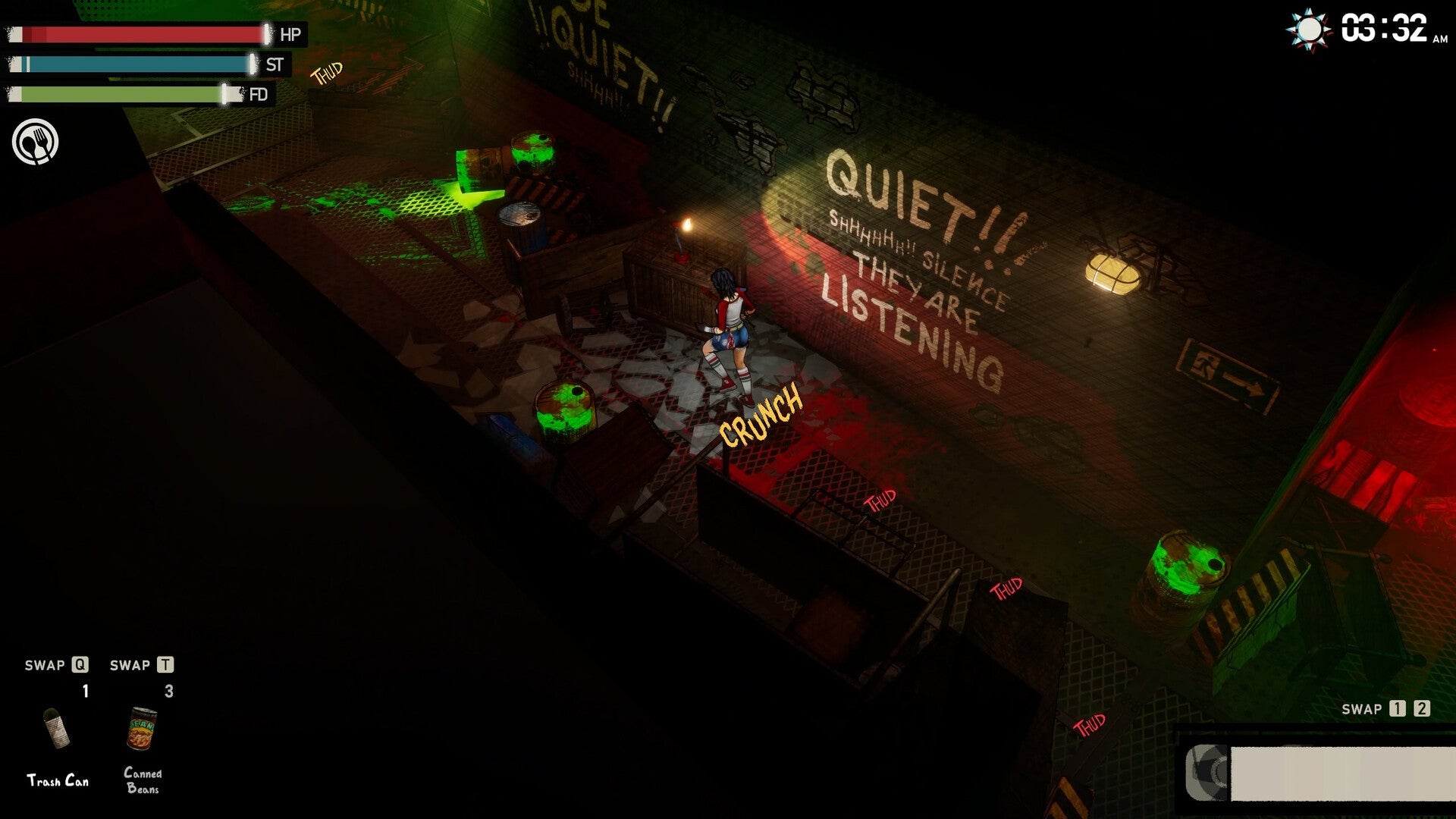 Game screen with a character in a dark room with glowing text and signs.