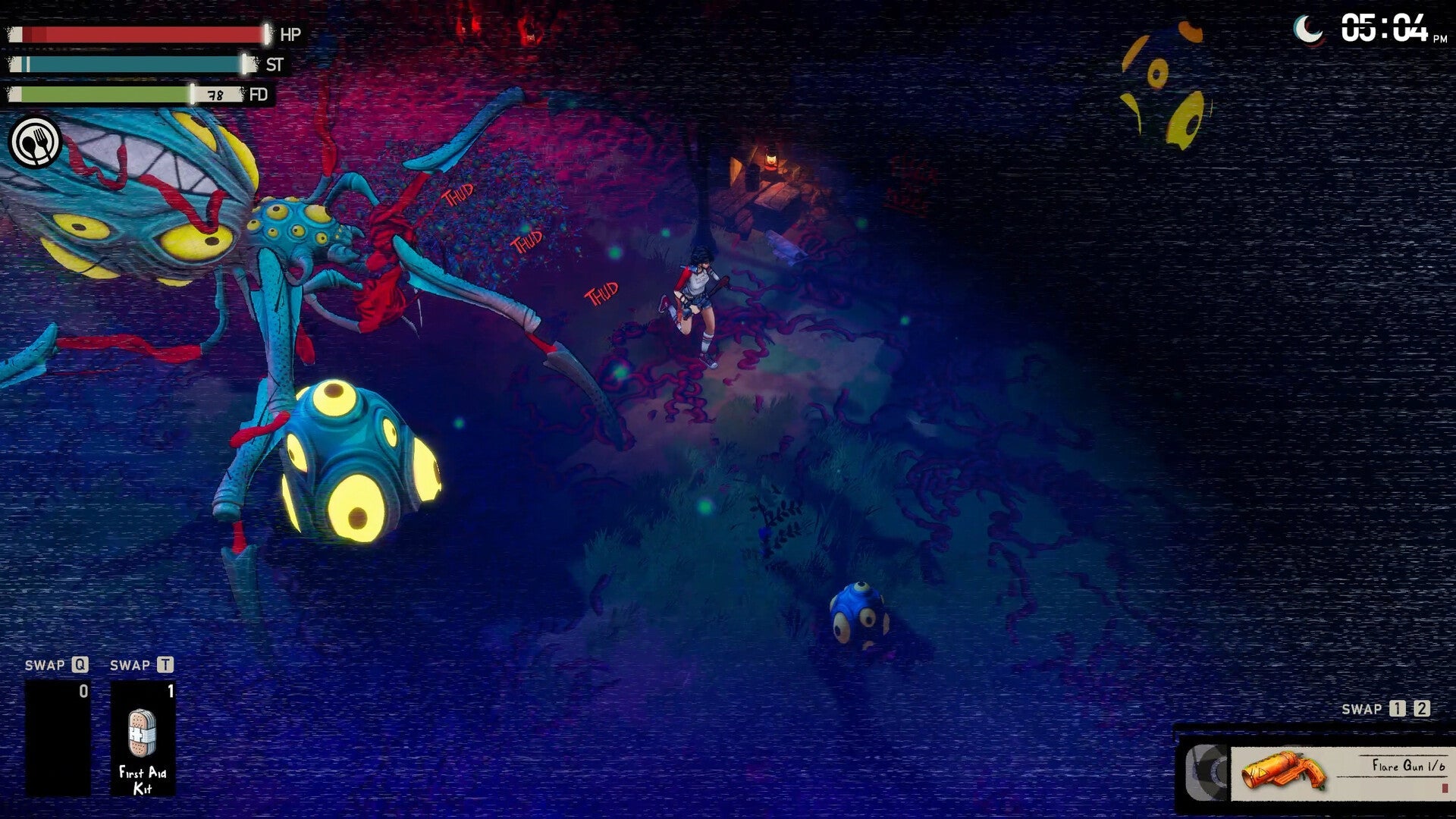 Video game screen with characters and creatures in a dark, otherworldly environment