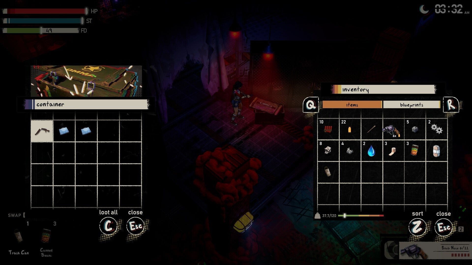 Game interface showing inventory management with various items in a dark setting
