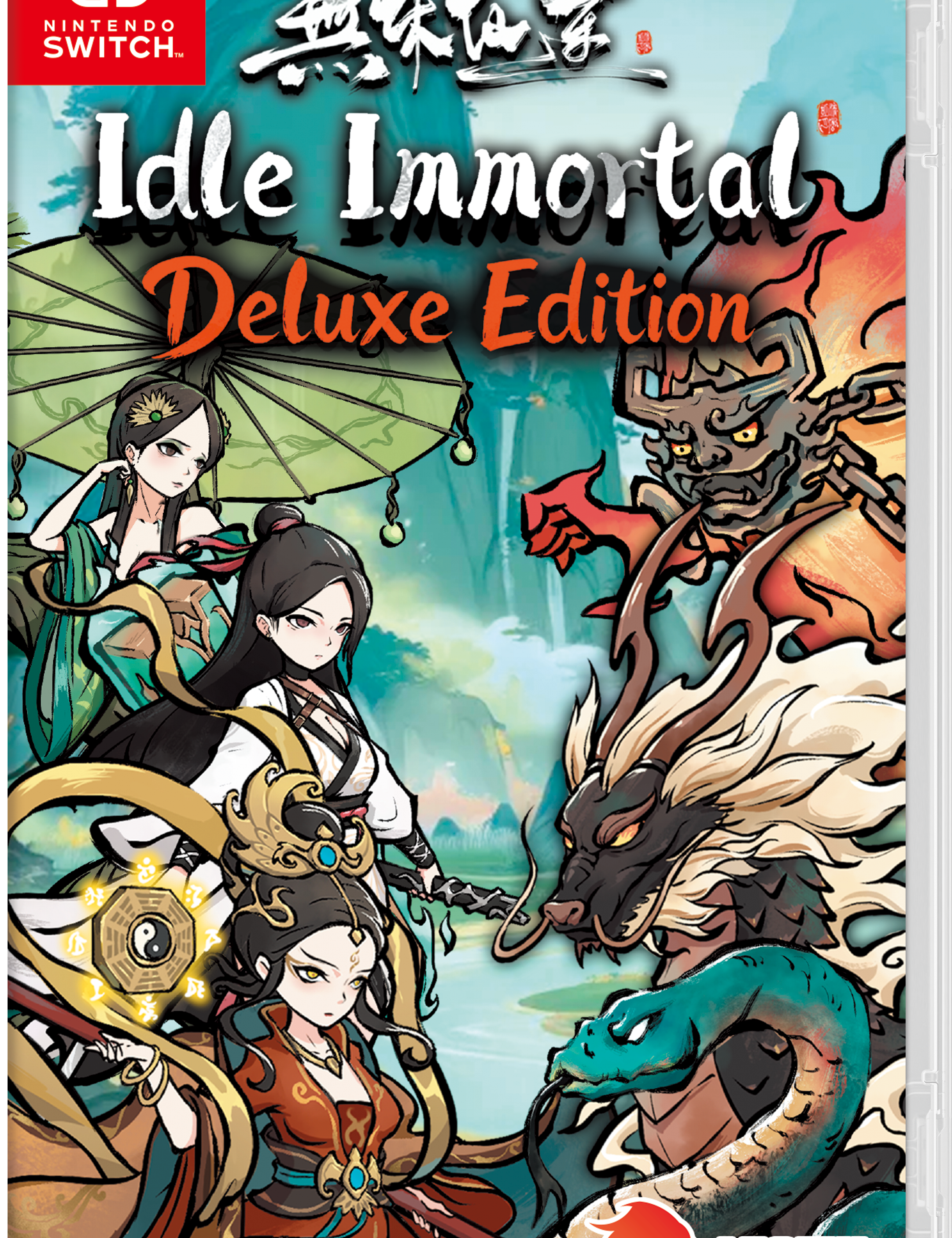Nintendo Switch game case for Idle Immortal Deluxe Edition, featuring colorful illustrated characters and dragons on the front cover with the Nintendo Switch logo and LEOFUL branding.