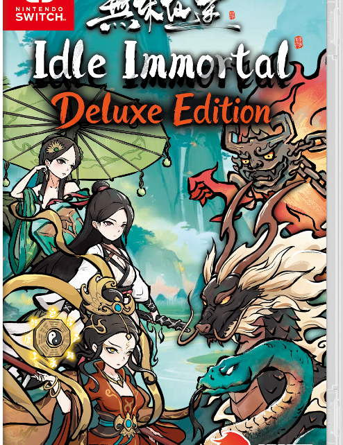 Nintendo Switch game case for Idle Immortal Deluxe Edition, featuring colorful illustrated characters and dragons on the front cover with the Nintendo Switch logo and LEOFUL branding.