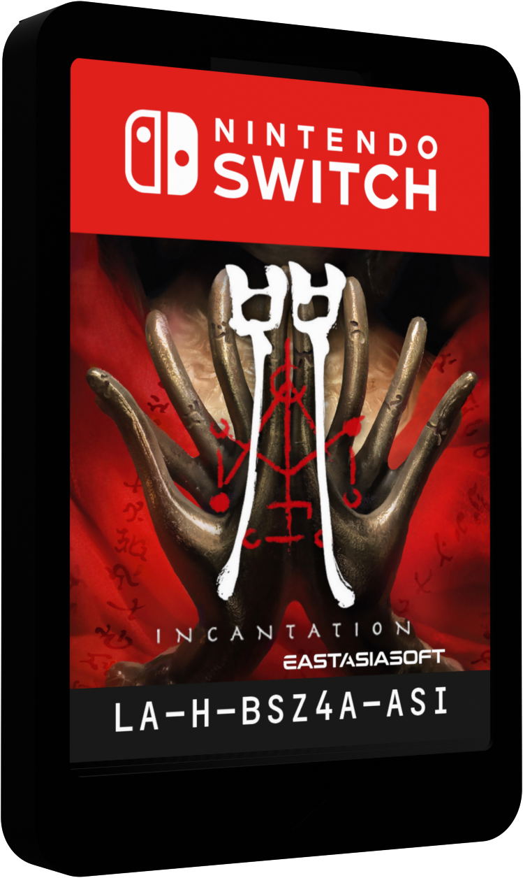 Nintendo Switch game case with 'Incantation' cover featuring hands and symbols on a red background.