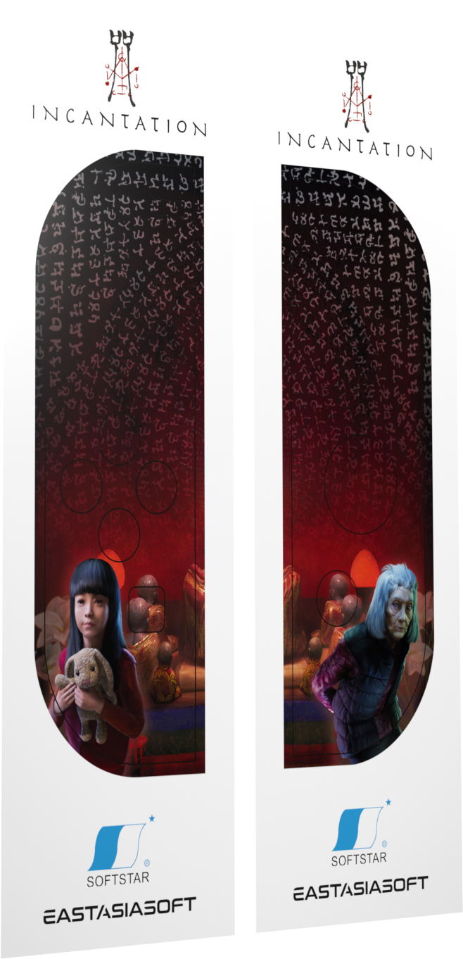 Two packaging designs for 'Incantation' by Eastasia Soft featuring characters and text.
