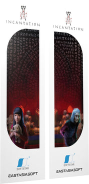 Two packaging designs for 'Incantation' by Eastasia Soft featuring characters and text.