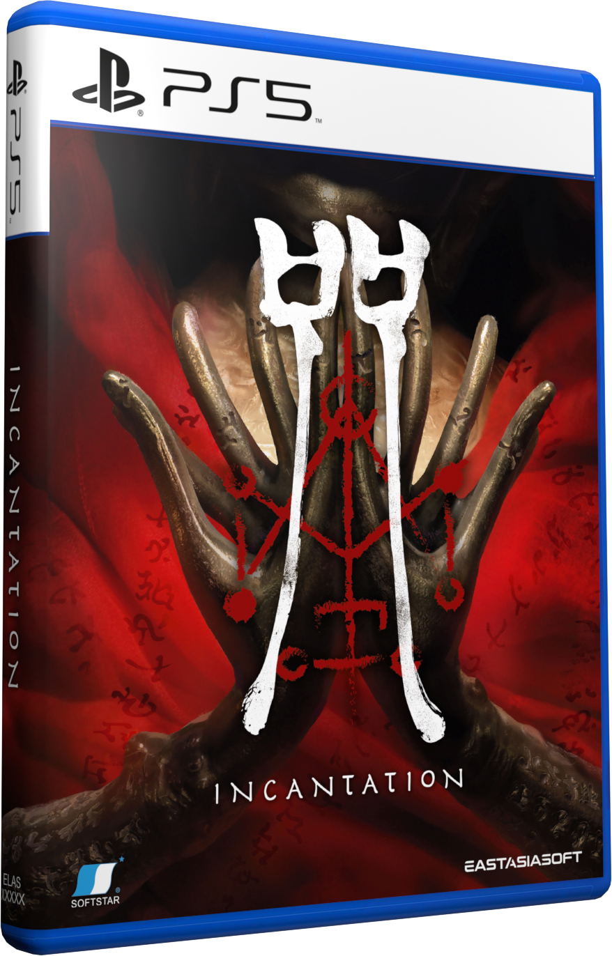 PlayStation 5 game case for 'Incantation' with a red and black design.