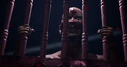 Horror scene with a creature behind bars in a dark setting