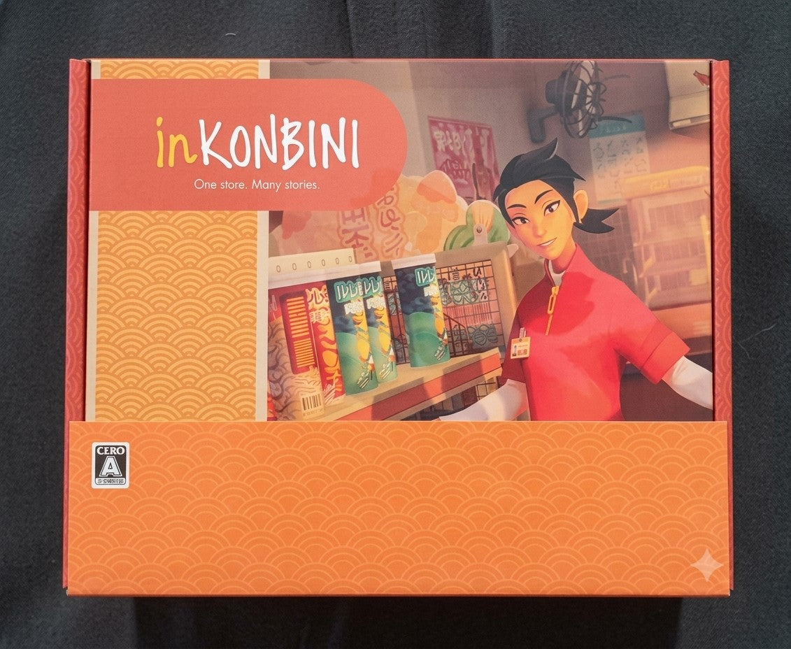 inKONBINI packaging with a character and store illustration on an orange background