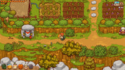 Pixel art style game scene showing a small character standing in a pixelated farm environment with plots of land, bushes, trees, paths, and UI elements along the top and bottom.