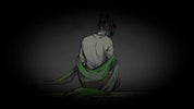 Illustration of a person sitting with a green cloth draped over their shoulders against a dark background
