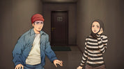 Two animated characters standing in a dimly lit hallway with a door in the background.