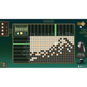 A screenshot of a Go game board interface with a large grid of black and white stones, a small game status box, and a pixel-art character on the right side.