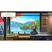A pixel-art style game or puzzle scene showing a traditional Japanese interior with a large window overlooking a lake, mountain, and autumn trees. UI elements, a title banner in Japanese, and a character statue are visible.