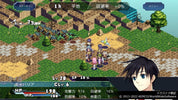 A screenshot from a 2D isometric RPG video game showing a fantasy battle scene with multiple characters, terrain, UI bars, and a large anime-style character portrait in the bottom-right corner.