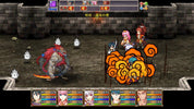 Screenshot of a turn-based RPG game with characters and monster in a dungeon setting.